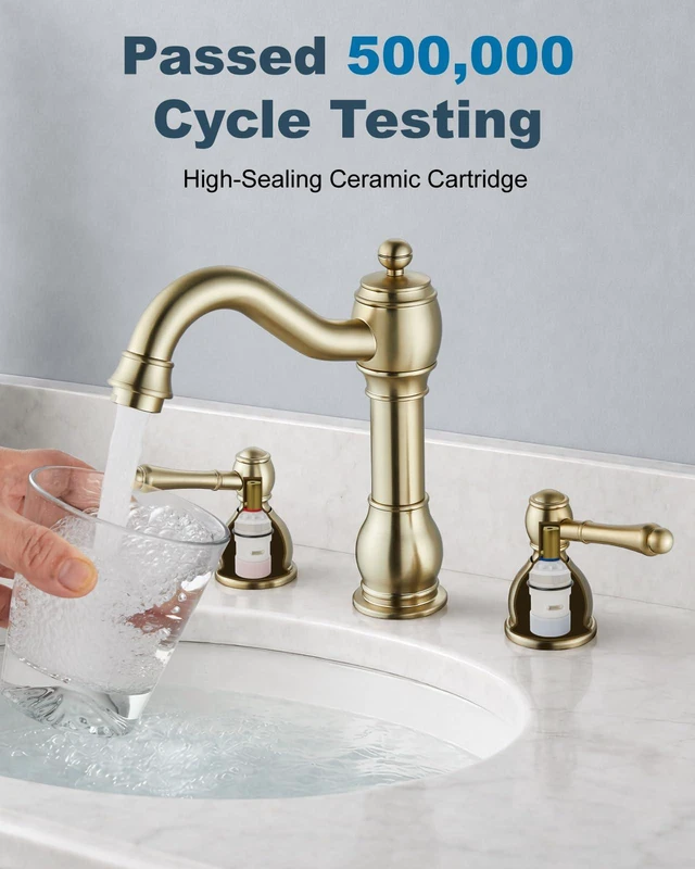 Alt view image 6 of 7 - Widespread Bathroom Sink Faucet 3 Hole Metal Lever Brushed Gold Vintage Brass Sink Faucet,2 Handle,Pop Up Drain,cUPC Hose,for 8 Inch,6-16Centerset Basin,Farmhouse,RV,Vanity,Lavatory