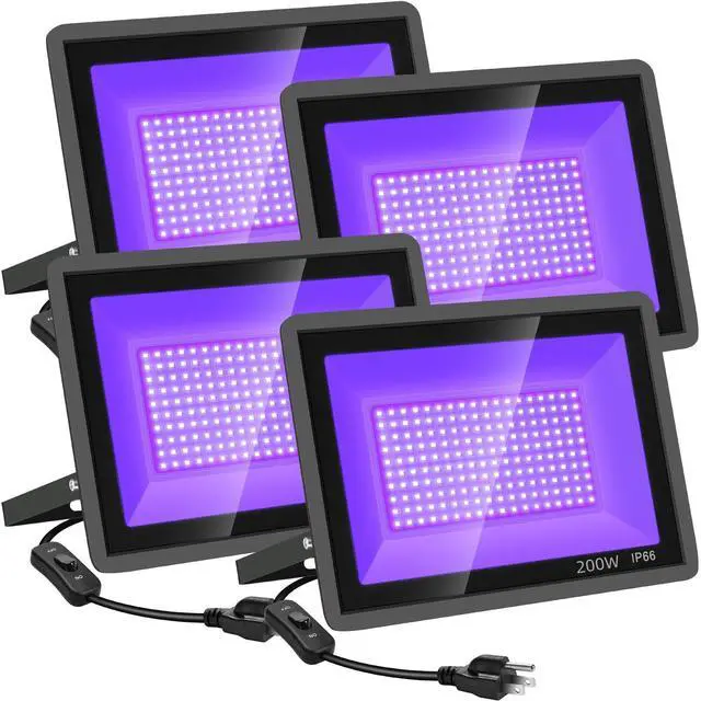 Main image of 200W 4 Pack LED Black Light, Outdoor Blacklight Flood Lights with Plug and Switch, IP66 Rated for Glow in The Dark, Halloween Party, Body Paint, Aquarium