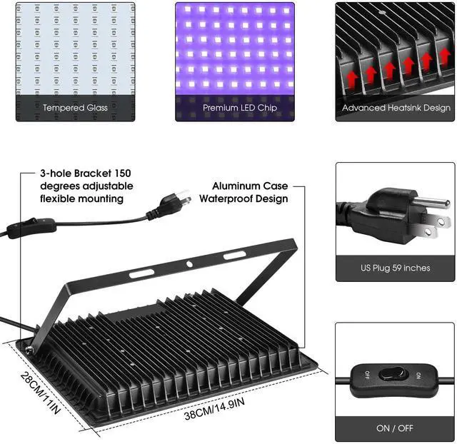 Alt view image 3 of 7 - 200W 4 Pack LED Black Light, Outdoor Blacklight Flood Lights with Plug and Switch, IP66 Rated for Glow in The Dark, Halloween Party, Body Paint, Aquarium