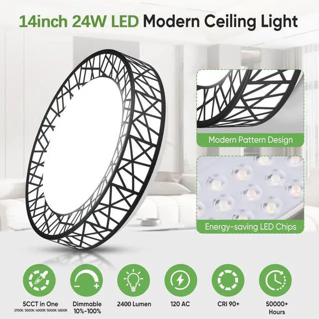 Alt view image 2 of 7 - 14 Inch Bird's Nest Flush Mount Ceiling Light, 24W, 5CCT 2700K-6500K Selectable, Modern LED Ceiling Light Fixture, Dimmable, for Bedroom, Kitchen, Closet, Black, ETL Listed