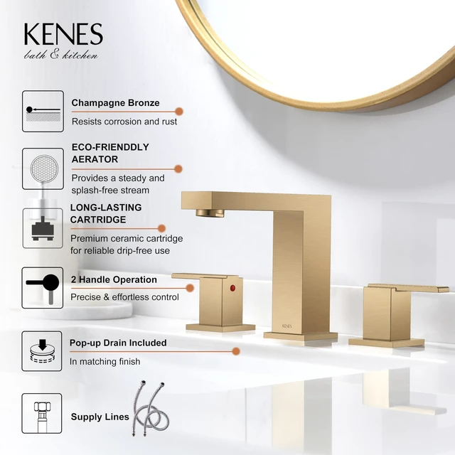 Alt view image 3 of 7 - Champagne Bronze Widespread Bathroom Faucet 3 Hole Vanity Faucet Bathroom Sink Faucet with Pop Up Drain & Supply Lines, Lead-Free cUPC & NSF Certified, 8 Inch Faucet for Vanity Restroom Sink