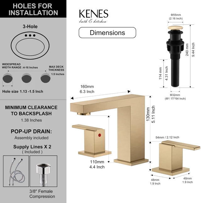Alt view image 6 of 7 - Champagne Bronze Widespread Bathroom Faucet 3 Hole Vanity Faucet Bathroom Sink Faucet with Pop Up Drain & Supply Lines, Lead-Free cUPC & NSF Certified, 8 Inch Faucet for Vanity Restroom Sink