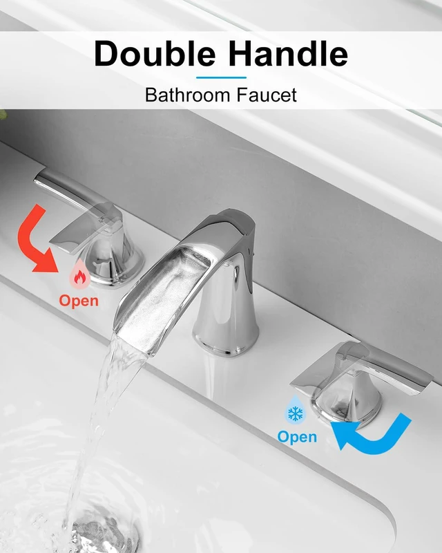 Alt view image 3 of 7 - Chrome Bathroom Faucet 3 Hole, Waterfall Faucets for Bathroom Sink Lead-free Brass, 8 Inch Widespread Two-handle Bathroom Faucet with Pop-up Drain and Supply Lines