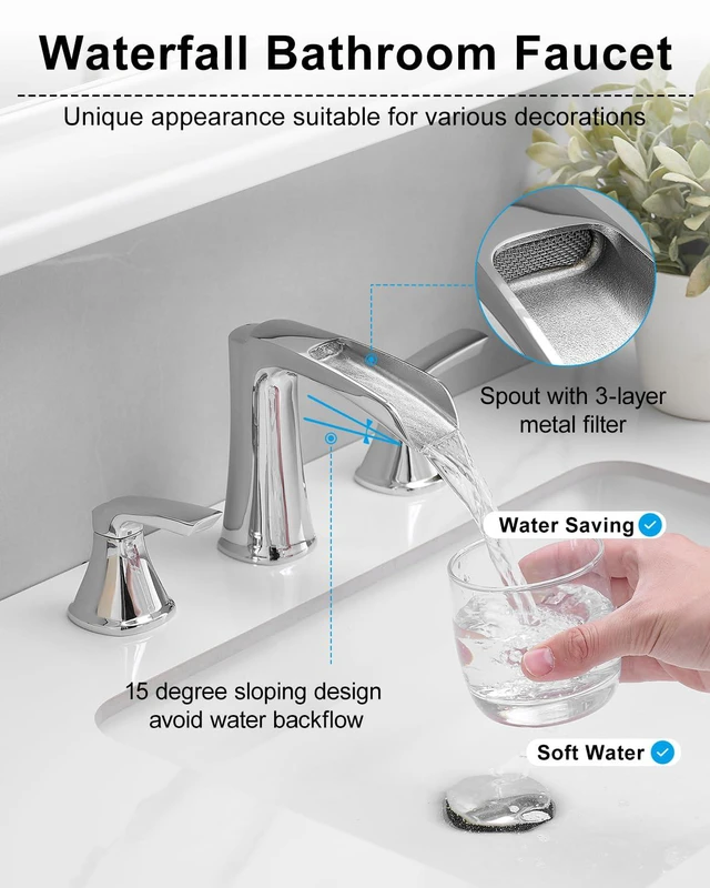 Alt view image 2 of 7 - Chrome Bathroom Faucet 3 Hole, Waterfall Faucets for Bathroom Sink Lead-free Brass, 8 Inch Widespread Two-handle Bathroom Faucet with Pop-up Drain and Supply Lines