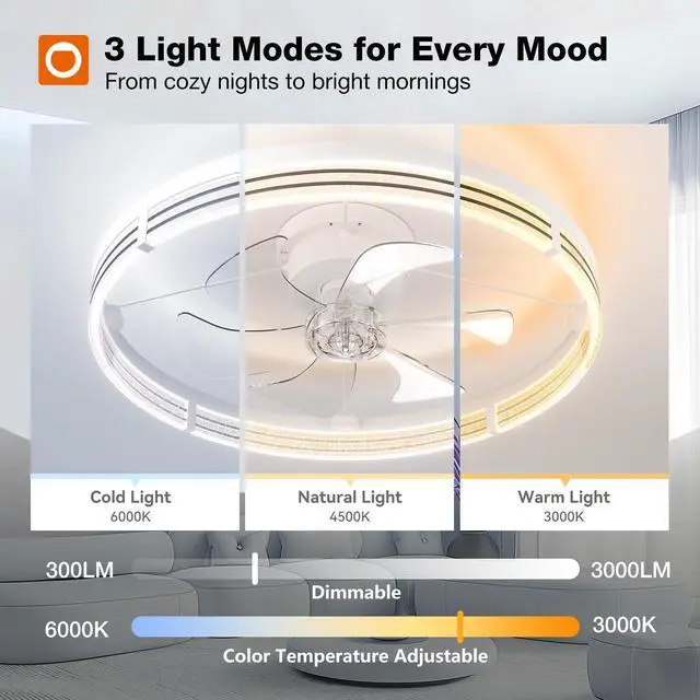 Alt view image 3 of 7 - 24" Ceiling Fans with Lights and Remote, Low Profile Fandelier Wider Airflow, 3000-6000K Dimmable LED, 6 Speeds, Reversible DC Motor, App Control, Memory Function, Timer, Quiet Operation