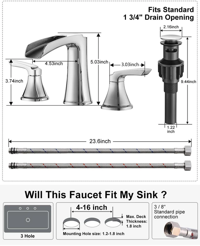 Alt view image 5 of 7 - Chrome Bathroom Faucet 3 Hole, Waterfall Faucets for Bathroom Sink Lead-free Brass, 8 Inch Widespread Two-handle Bathroom Faucet with Pop-up Drain and Supply Lines