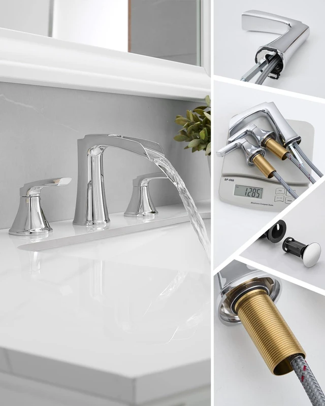 Alt view image 6 of 7 - Chrome Bathroom Faucet 3 Hole, Waterfall Faucets for Bathroom Sink Lead-free Brass, 8 Inch Widespread Two-handle Bathroom Faucet with Pop-up Drain and Supply Lines
