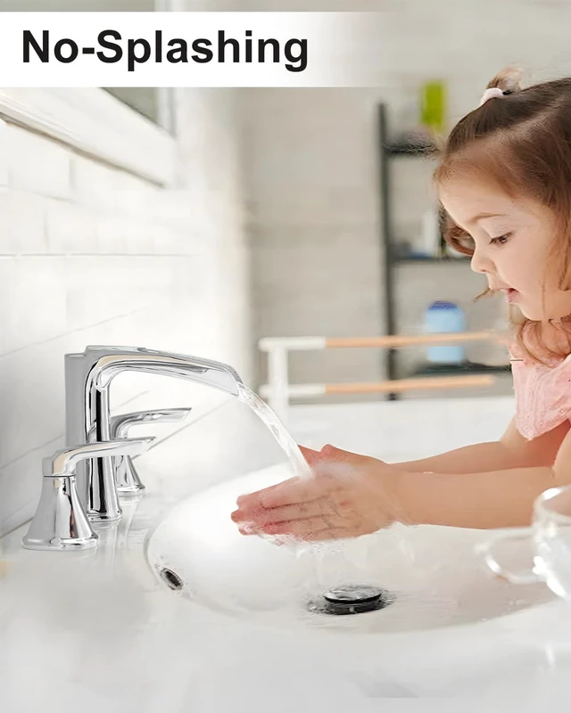 Alt view image 7 of 7 - Chrome Bathroom Faucet 3 Hole, Waterfall Faucets for Bathroom Sink Lead-free Brass, 8 Inch Widespread Two-handle Bathroom Faucet with Pop-up Drain and Supply Lines