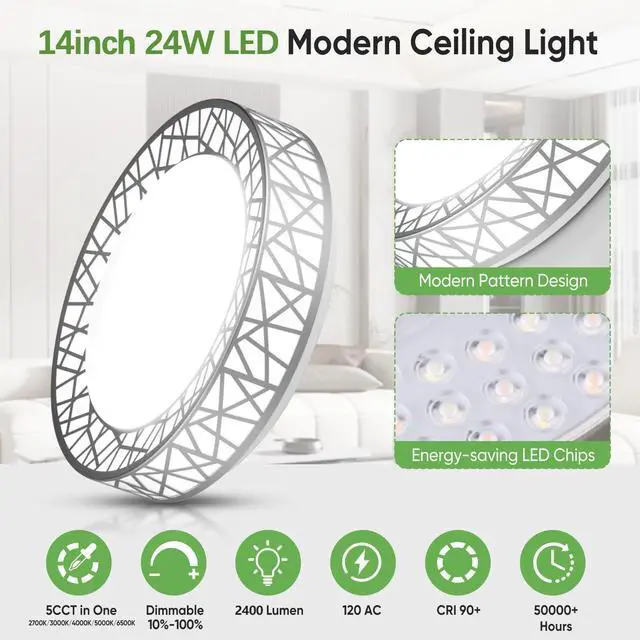 Alt view image 2 of 7 - 14 Inch Bird's Nest Flush Mount Ceiling Light, 24W, 5CCT 2700K-6500K Selectable, Modern LED Ceiling Light Fixture, Dimmable, for Bedroom, Kitchen, Closet, Brushed Nickel, ETL Listed