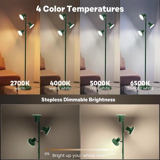 Alt view image 4 of 7 - 36W LED Tree Floor Lamp, Modern Dimmable Standing Lamp with Remote & Touch Control, 4 Color Temperatures, 3 Rotatable LED Light Floor Lamps for Living Room, Bedroom, Office