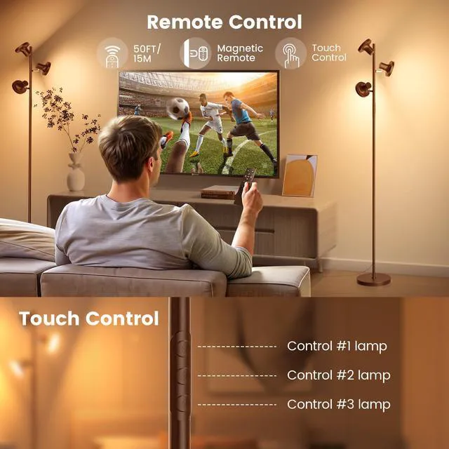 Alt view image 4 of 7 - 36W LED Tree Floor Lamp, Modern Dimmable Standing Lamp with Remote & Touch Control, 4 Color Temperatures, 3 Rotatable LED Light Floor Lamps for Living Room, Bedroom, Office