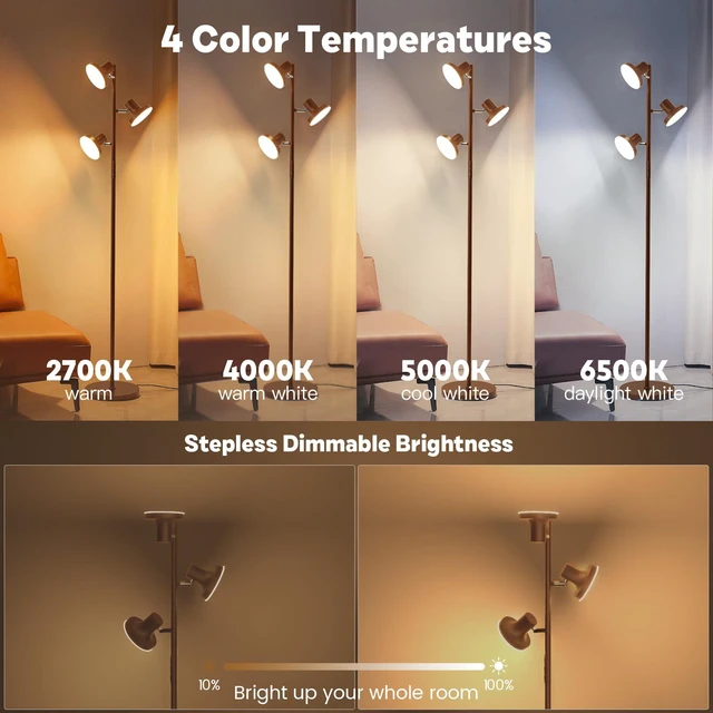 Alt view image 6 of 7 - 36W LED Tree Floor Lamp, Modern Dimmable Standing Lamp with Remote & Touch Control, 4 Color Temperatures, 3 Rotatable LED Light Floor Lamps for Living Room, Bedroom, Office