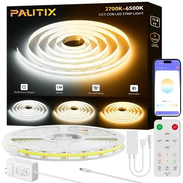 Main image of COB LED Strip Light White CCT Tunable 32.8ft/10m,UL-Listed 6400LEDs Dimmable 2700K-6500K CRI90+ 24V LED Tape Light Kit with APP Control/Music Mode,for Under Cabinet Bedroom Kitchen DIY Lighting