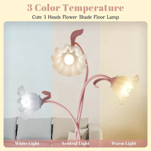 Alt view image 2 of 6 - Flower Standing Lamp for Bedroom, Cute Corner Floor Lamp with Flexible Gooseneck, 3 Light Floor Reading Lamp with 3 Color Temperatures, Bulbs Included, Tall Floor Lamp for Living Room Corner(Pink)