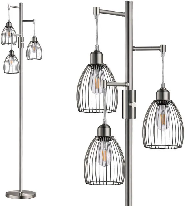 Main image of Dimmable Floor Lamp, Industrial Floor Lamps for Living Room, Brushed Nickel Tree Lamp Standing Lamp Tall Lamps with 3 Elegant Teardrop Cage Head & 800 Lumens LED Bulbs for Living Room Bedroom Office