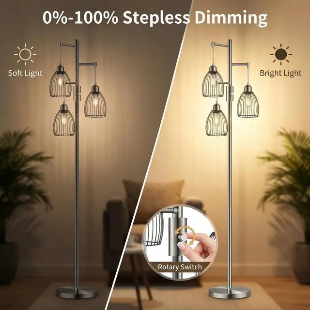 Alt view image 3 of 7 - Dimmable Floor Lamp, Industrial Floor Lamps for Living Room, Brushed Nickel Tree Lamp Standing Lamp Tall Lamps with 3 Elegant Teardrop Cage Head & 800 Lumens LED Bulbs for Living Room Bedroom Office