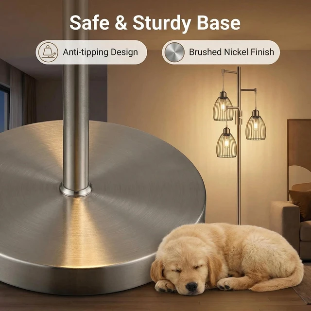 Alt view image 4 of 7 - Dimmable Floor Lamp, Industrial Floor Lamps for Living Room, Brushed Nickel Tree Lamp Standing Lamp Tall Lamps with 3 Elegant Teardrop Cage Head & 800 Lumens LED Bulbs for Living Room Bedroom Office