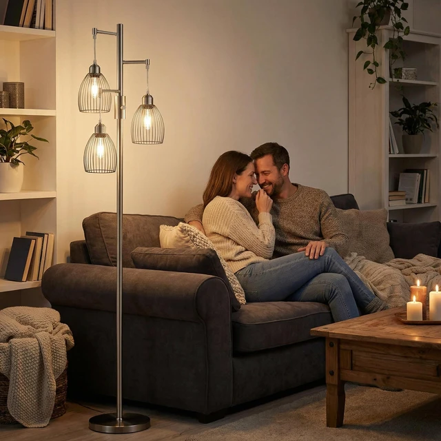 Alt view image 5 of 7 - Dimmable Floor Lamp, Industrial Floor Lamps for Living Room, Brushed Nickel Tree Lamp Standing Lamp Tall Lamps with 3 Elegant Teardrop Cage Head & 800 Lumens LED Bulbs for Living Room Bedroom Office