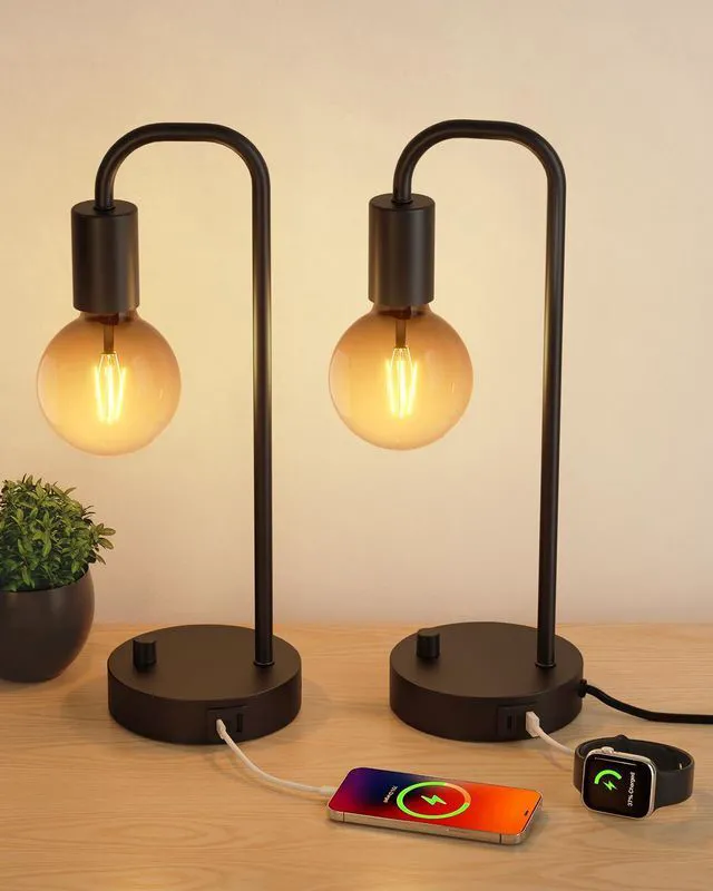 Main image of Industrial Table Lamp Set of 2 with USB C&A Charging Port, Stepless Dimmable Nightstand Bedside Lamps for Bedroom,Desk Lamps with 2700K Black Gradient Bulb for Reading Living Room,Office