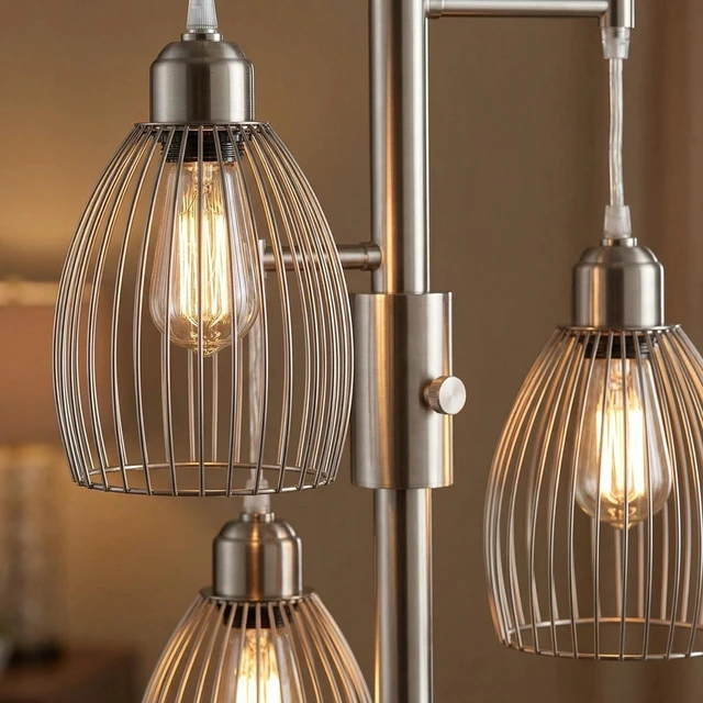 Alt view image 7 of 7 - Dimmable Floor Lamp, Industrial Floor Lamps for Living Room, Brushed Nickel Tree Lamp Standing Lamp Tall Lamps with 3 Elegant Teardrop Cage Head & 800 Lumens LED Bulbs for Living Room Bedroom Office
