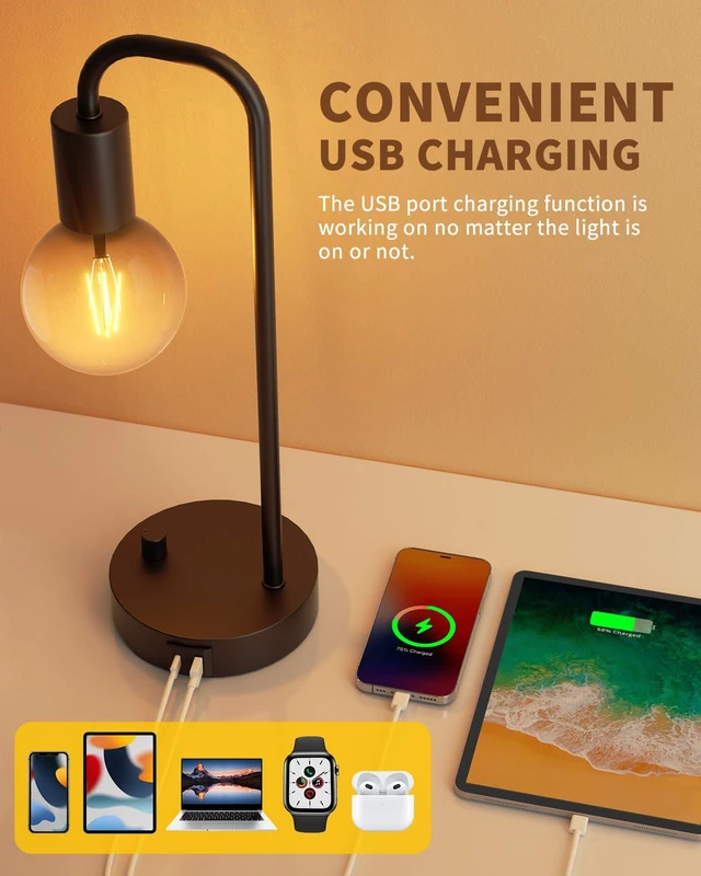 Alt view image 2 of 6 - Industrial Table Lamp Set of 2 with USB C&A Charging Port, Stepless Dimmable Nightstand Bedside Lamps for Bedroom,Desk Lamps with 2700K Black Gradient Bulb for Reading Living Room,Office