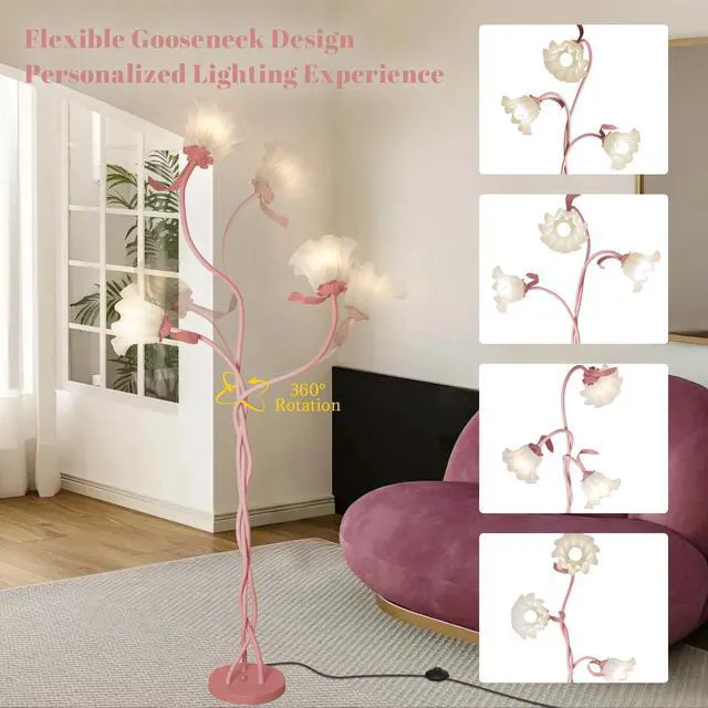 Alt view image 3 of 6 - Flower Standing Lamp for Bedroom, Cute Corner Floor Lamp with Flexible Gooseneck, 3 Light Floor Reading Lamp with 3 Color Temperatures, Bulbs Included, Tall Floor Lamp for Living Room Corner(Pink)