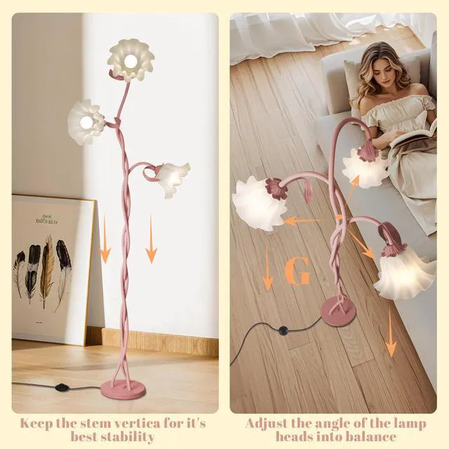 Alt view image 4 of 6 - Flower Standing Lamp for Bedroom, Cute Corner Floor Lamp with Flexible Gooseneck, 3 Light Floor Reading Lamp with 3 Color Temperatures, Bulbs Included, Tall Floor Lamp for Living Room Corner(Pink)