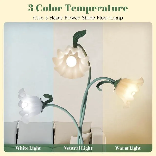 Alt view image 2 of 7 - Flower Standing Lamp for Bedroom, Cute Corner Floor Lamp with Flexible Gooseneck,3 Light Floor Reading Lamp with 3 Color Temperatures, Bulbs Included, LED Tall floor Lamp for Living Room Corner(Green)