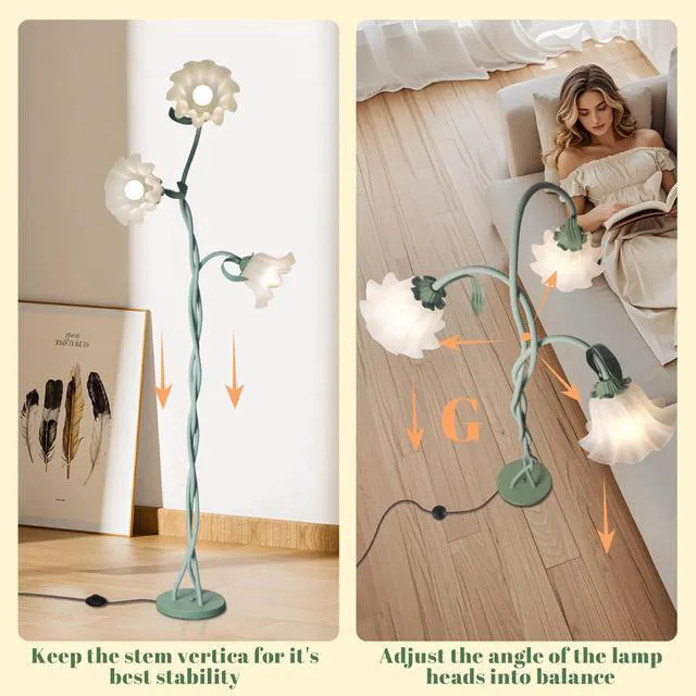 Alt view image 4 of 7 - Flower Standing Lamp for Bedroom, Cute Corner Floor Lamp with Flexible Gooseneck,3 Light Floor Reading Lamp with 3 Color Temperatures, Bulbs Included, LED Tall floor Lamp for Living Room Corner(Green)
