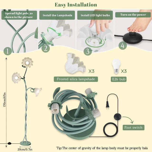 Alt view image 6 of 7 - Flower Standing Lamp for Bedroom, Cute Corner Floor Lamp with Flexible Gooseneck,3 Light Floor Reading Lamp with 3 Color Temperatures, Bulbs Included, LED Tall floor Lamp for Living Room Corner(Green)