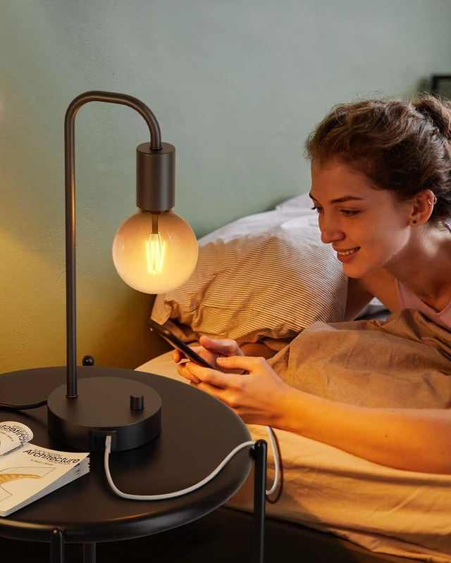 Alt view image 5 of 6 - Industrial Table Lamp Set of 2 with USB C&A Charging Port, Stepless Dimmable Nightstand Bedside Lamps for Bedroom,Desk Lamps with 2700K Black Gradient Bulb for Reading Living Room,Office