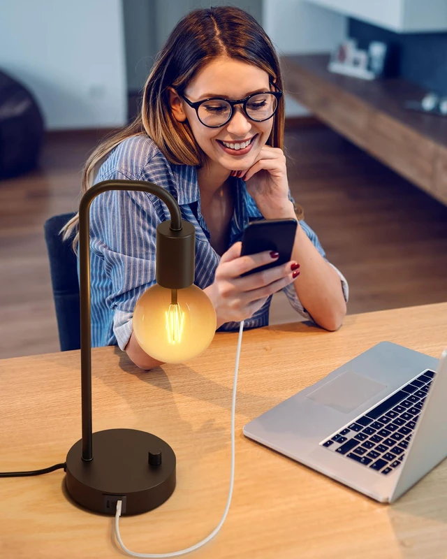 Alt view image 6 of 6 - Industrial Table Lamp Set of 2 with USB C&A Charging Port, Stepless Dimmable Nightstand Bedside Lamps for Bedroom,Desk Lamps with 2700K Black Gradient Bulb for Reading Living Room,Office