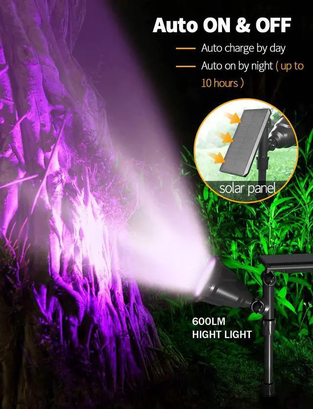 Alt view image 3 of 7 - Solar Spot Lights Outdoor, 9 Color Modes, 18 LED Spotlight, 600LM Landscape Lights, Solar Powered for Garden, Yard, Driveway, Tree, Christmas, Halloween Decor (4 Pack)