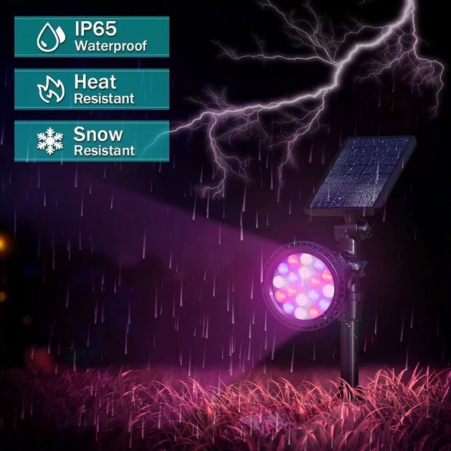 Alt view image 5 of 7 - Solar Spot Lights Outdoor, 9 Color Modes, 18 LED Spotlight, 600LM Landscape Lights, Solar Powered for Garden, Yard, Driveway, Tree, Christmas, Halloween Decor (4 Pack)