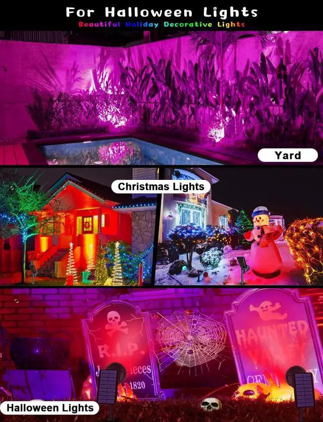 Alt view image 7 of 7 - Solar Spot Lights Outdoor, 9 Color Modes, 18 LED Spotlight, 600LM Landscape Lights, Solar Powered for Garden, Yard, Driveway, Tree, Christmas, Halloween Decor (4 Pack)