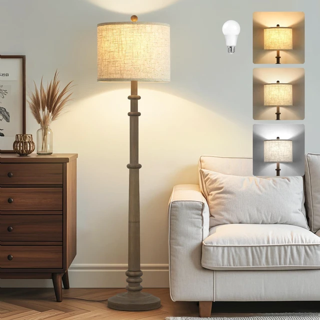 Main image of Floor Lamps for Living Room - 60" Farmhouse Floor Lamp with Adjustable Color Temperatures - Vintage Standing Lamp Reading Light with Linen Shade Retro Tall Lamp for Bedroom Office, Grey