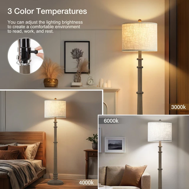 Alt view image 3 of 7 - Floor Lamps for Living Room - 60" Farmhouse Floor Lamp with Adjustable Color Temperatures - Vintage Standing Lamp Reading Light with Linen Shade Retro Tall Lamp for Bedroom Office, Grey