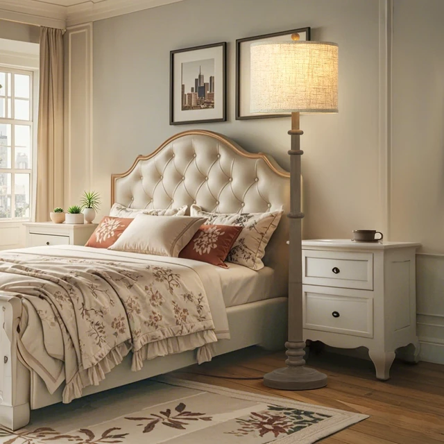 Alt view image 5 of 7 - Floor Lamps for Living Room - 60" Farmhouse Floor Lamp with Adjustable Color Temperatures - Vintage Standing Lamp Reading Light with Linen Shade Retro Tall Lamp for Bedroom Office, Grey