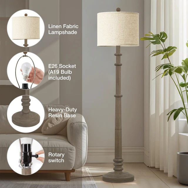Alt view image 6 of 7 - Floor Lamps for Living Room - 60" Farmhouse Floor Lamp with Adjustable Color Temperatures - Vintage Standing Lamp Reading Light with Linen Shade Retro Tall Lamp for Bedroom Office, Grey