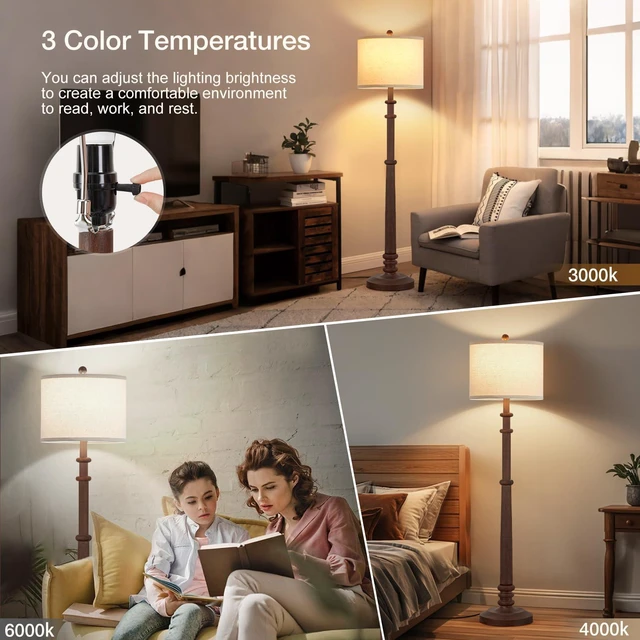 Alt view image 3 of 7 - Floor Lamps for Living Room - 60" Farmhouse Floor Lamp with Adjustable Color Temperatures - Vintage Standing Lamp Reading Light with Linen Shade Tall Lamp for Bedroom Office, Reddish Brown