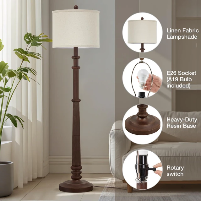 Alt view image 5 of 7 - Floor Lamps for Living Room - 60" Farmhouse Floor Lamp with Adjustable Color Temperatures - Vintage Standing Lamp Reading Light with Linen Shade Tall Lamp for Bedroom Office, Reddish Brown