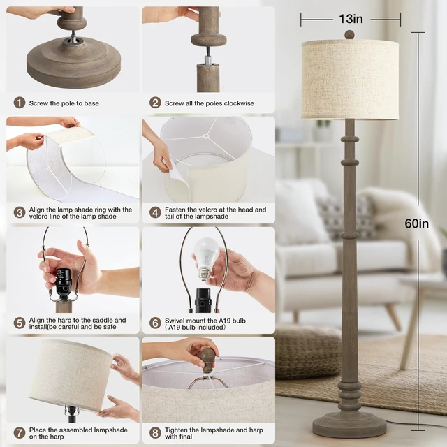 Alt view image 7 of 7 - Floor Lamps for Living Room - 60" Farmhouse Floor Lamp with Adjustable Color Temperatures - Vintage Standing Lamp Reading Light with Linen Shade Retro Tall Lamp for Bedroom Office, Grey