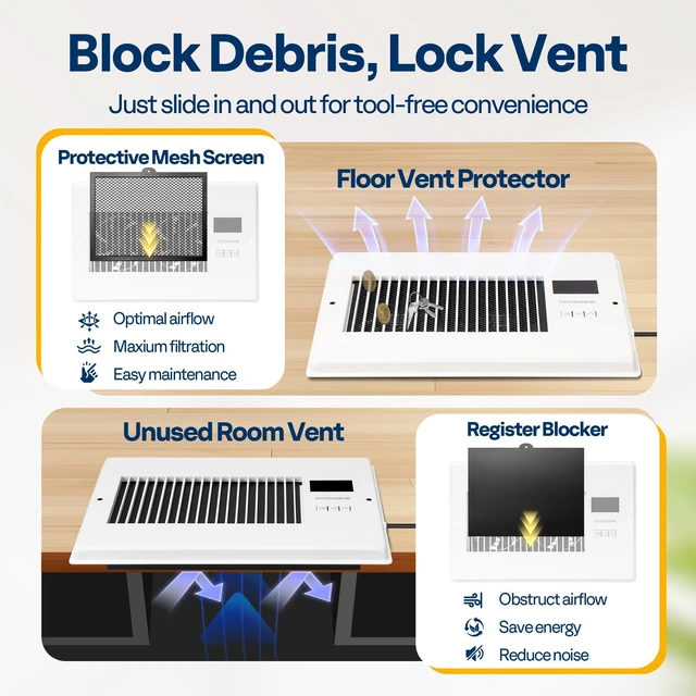 Alt view image 4 of 7 - Quiet Register Booster Fan with Opening 6" x 10", Smart Thermostat 10-Speed Control, Removable Dust-proof Mesh & Register Blocker, White AC Vent Fan for Floor, Ceiling, Wall