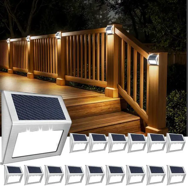 Main image of Solar Deck Lights Perfect for Fence, Step, Stair Decor-Cool White-16P Stainless Steel, Waterproof, Auto Dusk to Dawn, Cold Resistance, Anti-Rust