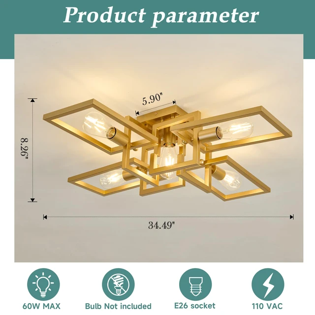 Alt view image 2 of 7 - Semi Flush Mount Ceiling Light 5-Light Gold Kitchen Light Fixtures Modern Large Matte Sputnik Chandelier for Dining Room Bedroom Farmhouse Living Room