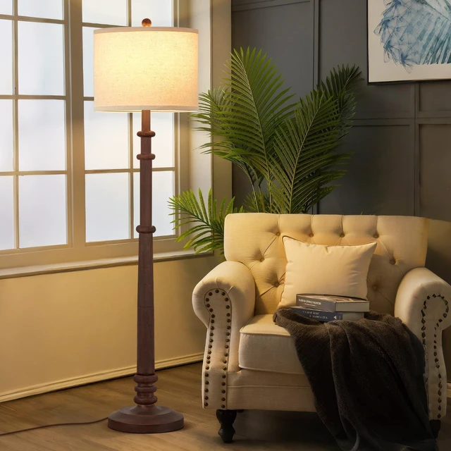 Alt view image 6 of 7 - Floor Lamps for Living Room - 60" Farmhouse Floor Lamp with Adjustable Color Temperatures - Vintage Standing Lamp Reading Light with Linen Shade Tall Lamp for Bedroom Office, Reddish Brown