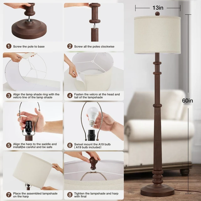 Alt view image 7 of 7 - Floor Lamps for Living Room - 60" Farmhouse Floor Lamp with Adjustable Color Temperatures - Vintage Standing Lamp Reading Light with Linen Shade Tall Lamp for Bedroom Office, Reddish Brown
