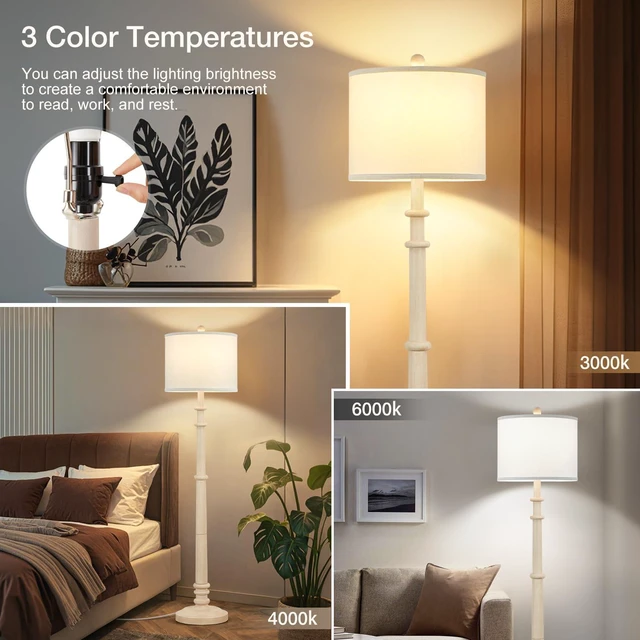 Alt view image 3 of 7 - Floor Lamps for Living Room - 60" Farmhouse Floor Lamp with Adjustable Color Temperatures - Vintage Standing Lamp Reading Light with Linen Shade Rustic Tall Lamp for Bedroom Office, Oatmeal Wash
