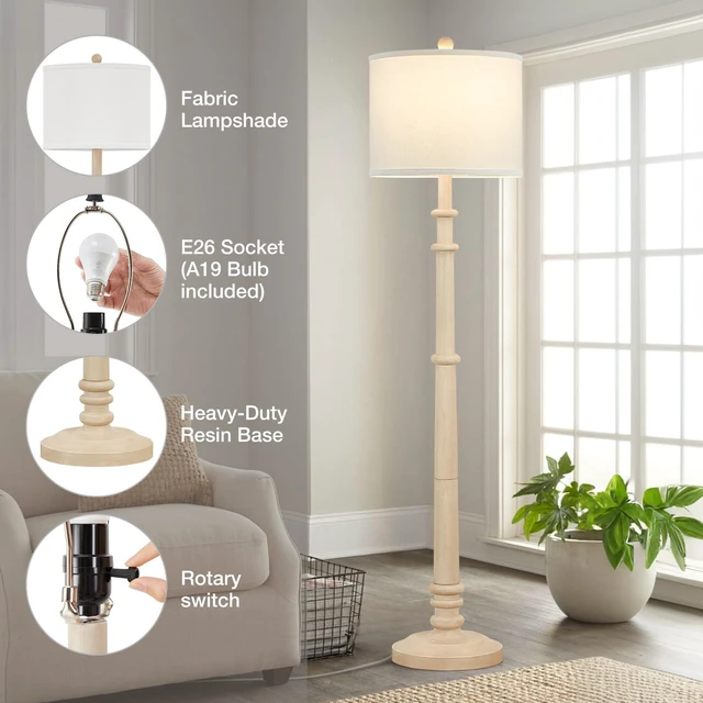 Alt view image 5 of 7 - Floor Lamps for Living Room - 60" Farmhouse Floor Lamp with Adjustable Color Temperatures - Vintage Standing Lamp Reading Light with Linen Shade Rustic Tall Lamp for Bedroom Office, Oatmeal Wash