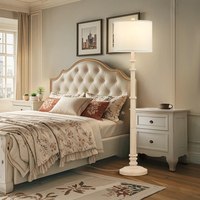 Alt view image 6 of 7 - Floor Lamps for Living Room - 60" Farmhouse Floor Lamp with Adjustable Color Temperatures - Vintage Standing Lamp Reading Light with Linen Shade Rustic Tall Lamp for Bedroom Office, Oatmeal Wash